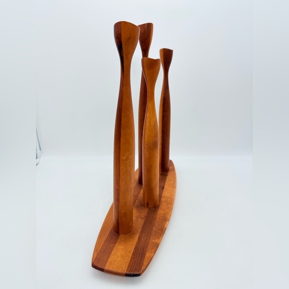 Vintage Danish Modern Teak Candlesticks | Tulip Form | MCM Scandinavian - Picture 5 of 14